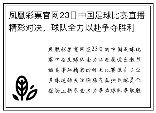 凤凰彩票官网23日中国足球比赛直播精彩对决，球队全力以赴争夺胜利
