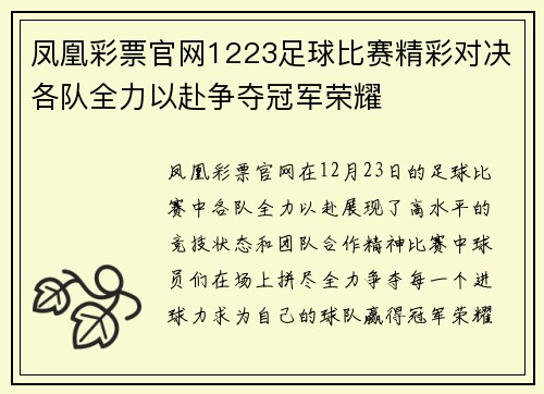 凤凰彩票官网1223足球比赛精彩对决各队全力以赴争夺冠军荣耀