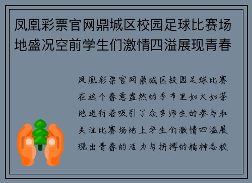 凤凰彩票官网鼎城区校园足球比赛场地盛况空前学生们激情四溢展现青春风采
