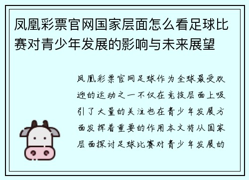 凤凰彩票官网国家层面怎么看足球比赛对青少年发展的影响与未来展望