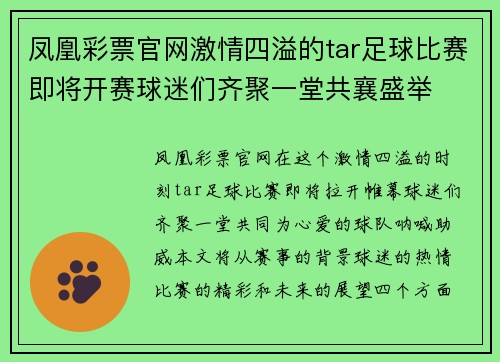 凤凰彩票官网激情四溢的tar足球比赛即将开赛球迷们齐聚一堂共襄盛举
