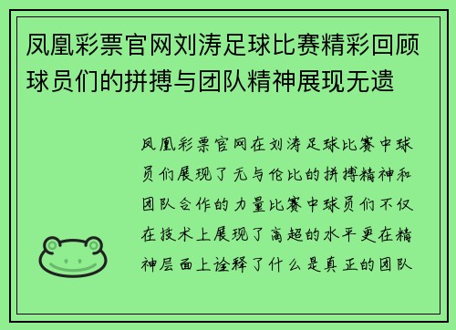 凤凰彩票官网刘涛足球比赛精彩回顾球员们的拼搏与团队精神展现无遗